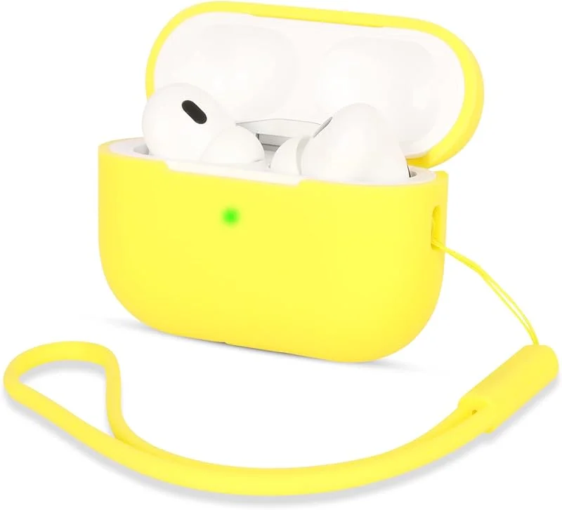 Kompatibel med AirPods Pro 2 fodral, stötsäkert skyddande silikonfodral för AirPods Pro 2:a generationen 2022 med silikonsnodd, främre LED synlig, gul — Mobil och surfplatta