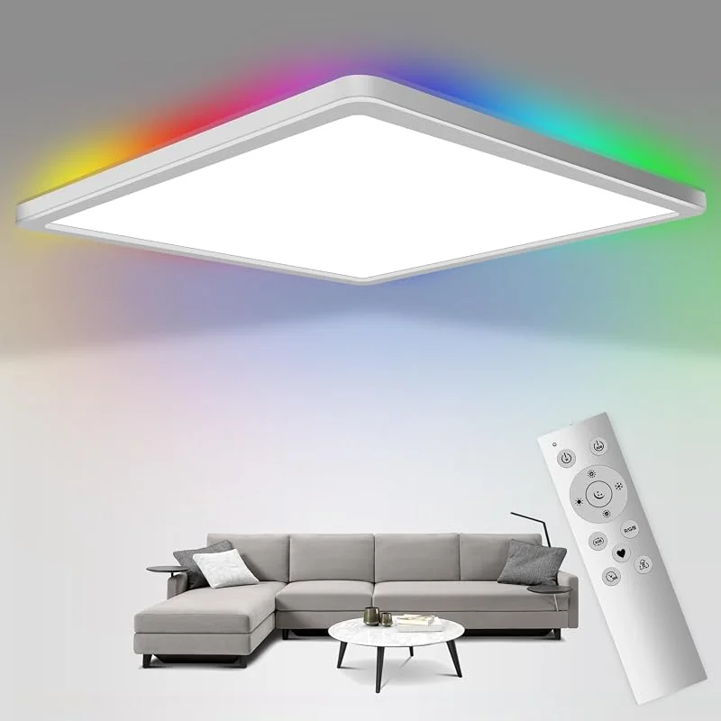 Dimbar LED-taklampa med fjärrkontroll, 24 W RGB färgskiftande taklampa med 3 000 K–6 500 K, 3 200 lumen och 13 färger 3 W bakgrundsbelysning för sovrum, vardagsrum, badrum, kök — Smart belysning