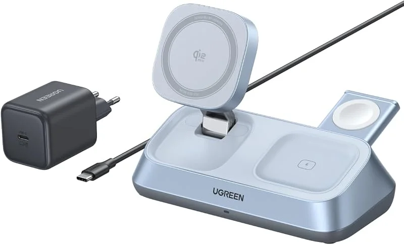 UGREEN MagFlow Qi2 25W 3-i-1 magnetisk trådlös laddare med MagSafe — Mobil och surfplatta