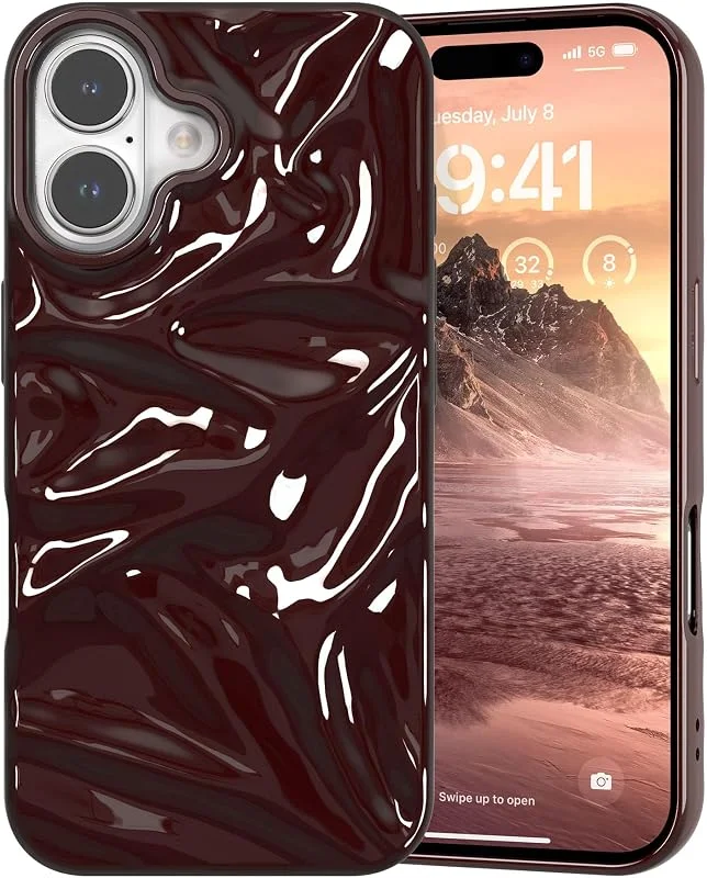 ZCDAYE Fodral till iPhone 16, glansigt vattenkrusning telefonfodral, TPU sött glitter trendigt telefonfodral enfärgad mjukt skal smal passform kvinnor skyddande fodral för iPhone 16 (6, 1 tum), vinröd — Mobil och surfplatta