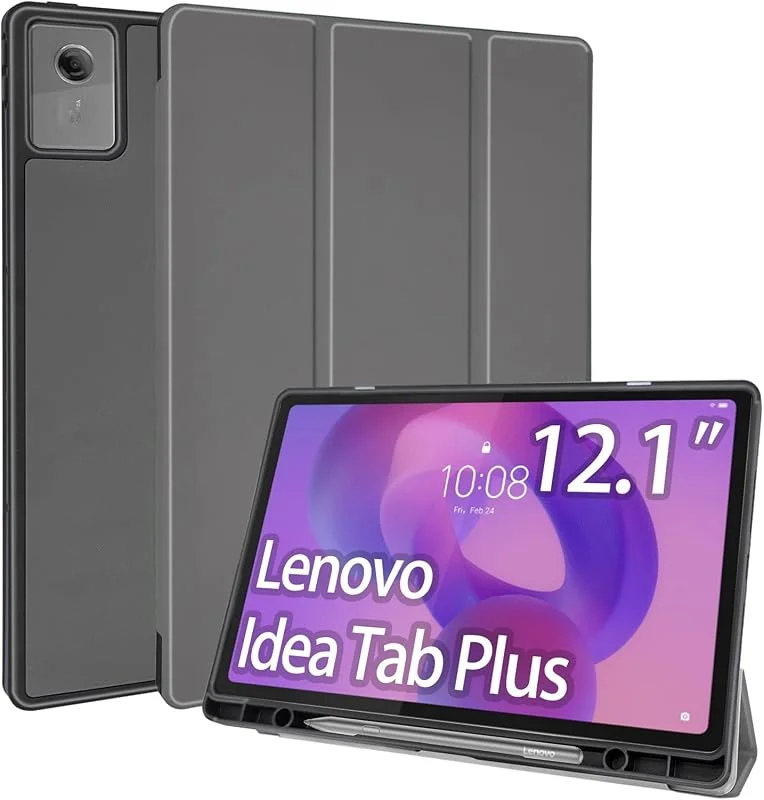 Fodral till Lenovo Idea Tab Plus 12, 1 tum 2025, mjukt TPU-skydd med pennhållare tredelad surfplatta modell TB361 skal automatisk uppvakning, sömn, grå — Mobil och surfplatta