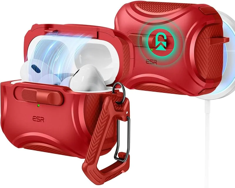 ESR Fodral för AirPods Pro 2, fodral kompatibelt med AirPods Pro 2:a, 1:a generationen (2023, 2022, 2019), MagSafe-aktiverat (USB-C, blixtkabel), magnetisk stängning, fallskydd med snodd, röd — Mobil och surfplatta