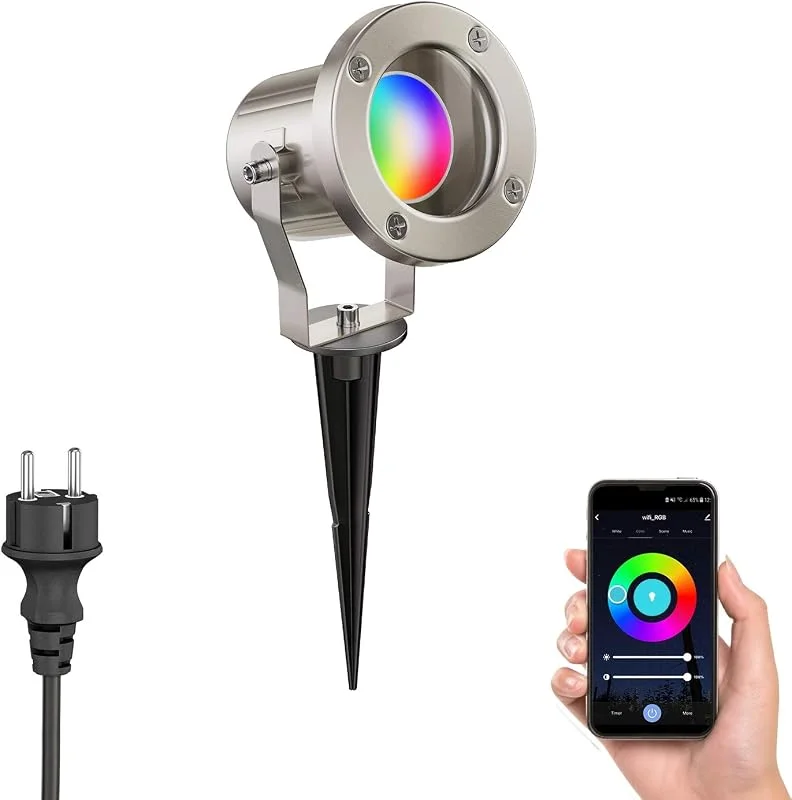 ledscom.de Trädgårdsstrålkastare med jordspik MIBU för utomhusbruk, rostfritt stål, matt krom, inkl. Smart Home RGBW GU10 LED-lampa, 5.41W, 473lm — Smart belysning