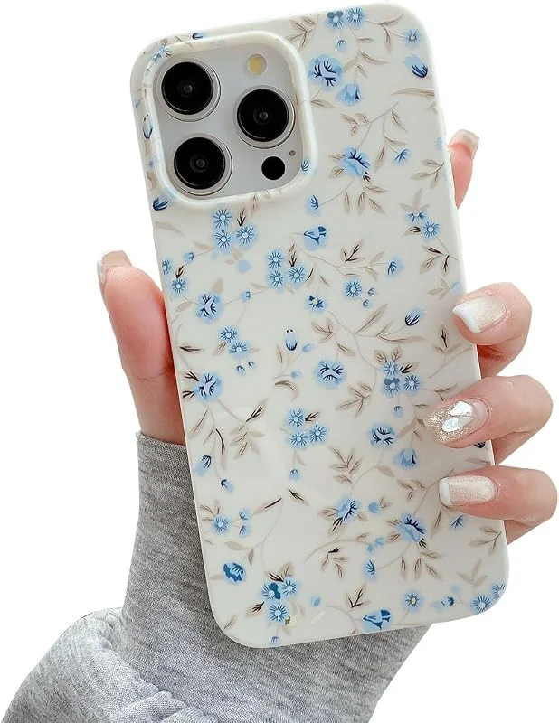 QLTYPRI Skal för iPhone 12, iPhone 12 Pro, gulligt rosa blommönster, snyggt telefonskal för flickor och kvinnor, upphöjt kameraskydd, mjuk tunn TPU, stötsäkert, skyddande telefonskal, blå — Mobil och surfplatta