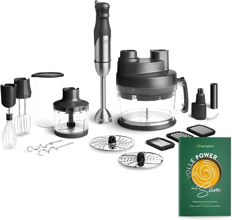 Stavmixer set i rostfritt stål Sam 800 W, mixerstav, behållare med lock, hackare fäste med behållare, visvisp-fäste, omrörnings- och knådhak, köksmaskin inkl. tillbehör, förvaringsväska — Kök & Hushåll