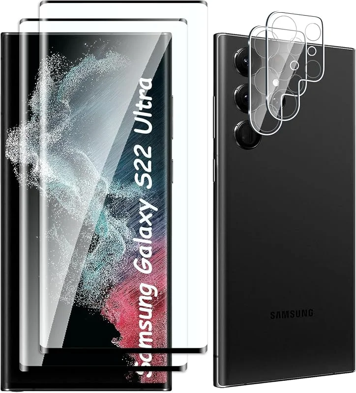 [2+2 stycken] Skärmskydd i härdat glas kompatibelt med Samsung Galaxy S22 Ultra och kamera, inga bubblor, 9H hårdhet, anti-repa, 3D-böjd, HD-skärmskydd för Samsung Galaxy S22 Ultra — Mobil och surfplatta