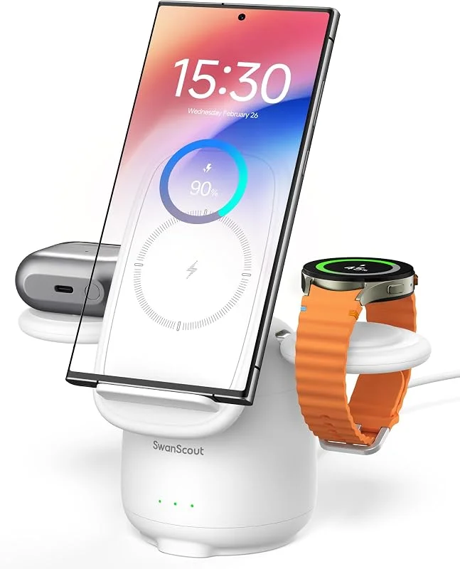 SwanScout Trådlös Laddare för Samsung, Wireless Charger for Samsung S25 Ultra, S24, S23, Z Flip 7, Z Fold 7, 3 i 1 Induktiv Laddningsstation för Galaxy Watch 7, Ultra, 6, 5 Pro, 4, Buds, 707S (Vit) — Mobil och surfplatta