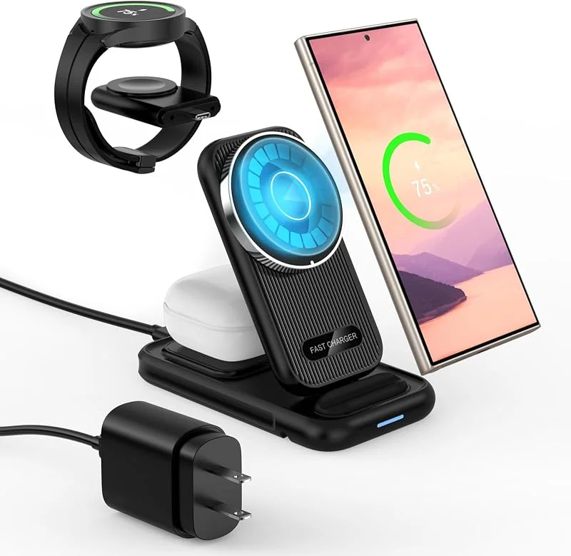 Trådlös Laddare för Samsung från MMOBIEL – 4 i 1 Qi2-Certifierad Bärbar Magnetisk Trådlös Laddningsstation för Samsung Galaxy S25, S24, S23, S22-serien, Watch 7, 6, 5, Buds – Inkl. 25W Adapter – Svart — Mobil och surfplatta
