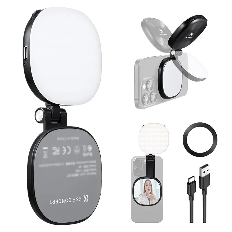 K&F CONCEPT 360° magnetisk selfie ljus med spegel 900 mAh batteri, svart — Mobil och surfplatta