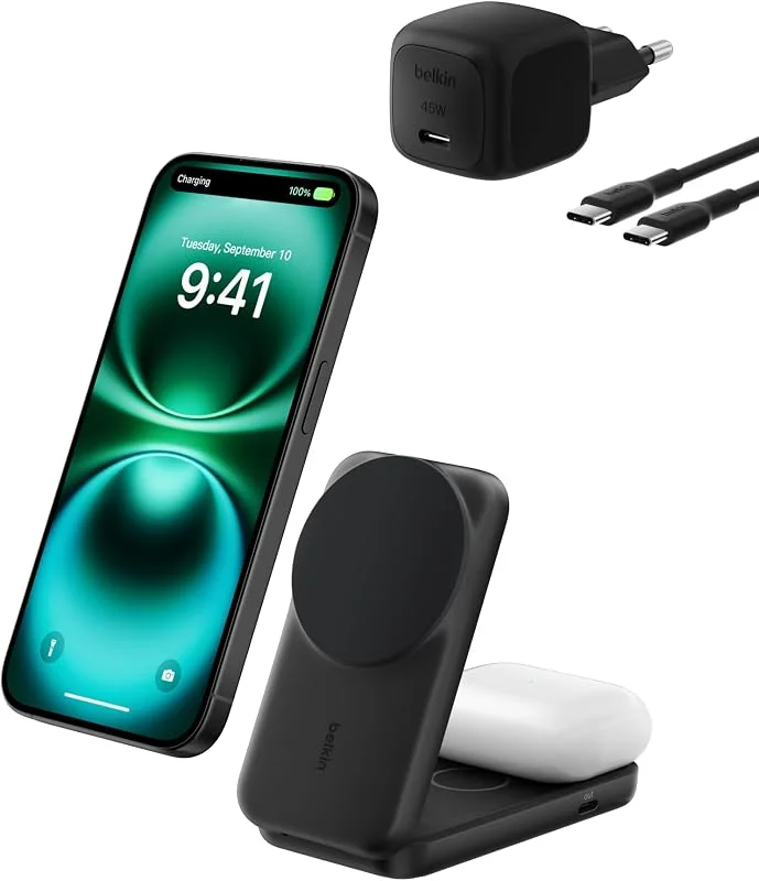 Belkin UltraCharge 2-i-1 Magnetisk Trådlös Laddare med Qi2, 25 W - Svart — Mobil och surfplatta