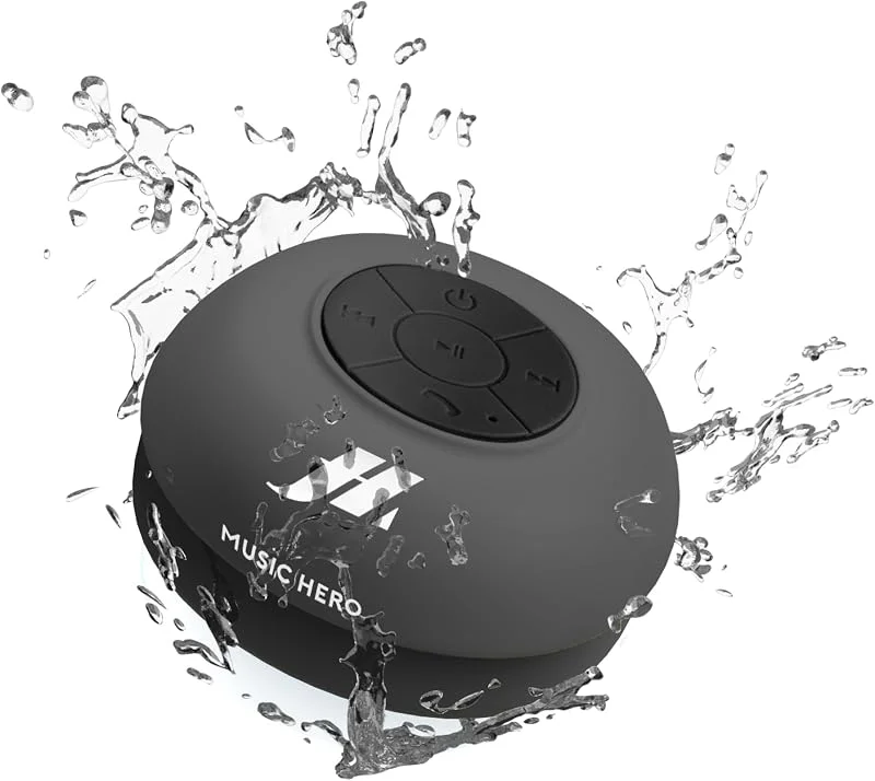 MUSIC HERO 3 W högtalare med sugkopp, knappar för musik och samtal, integrerad mikrofon och handsfree, vattentät för användning i dusch, badrum, pool och kök, svart. — Hörlurar och ljud