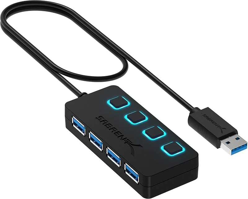 Sabrent HB-UM43 USB 3.0 Hub, 4 Port, med Enstaka Strömkontakter och LED-Lampor, Svart, Blå — Laddning och kablar