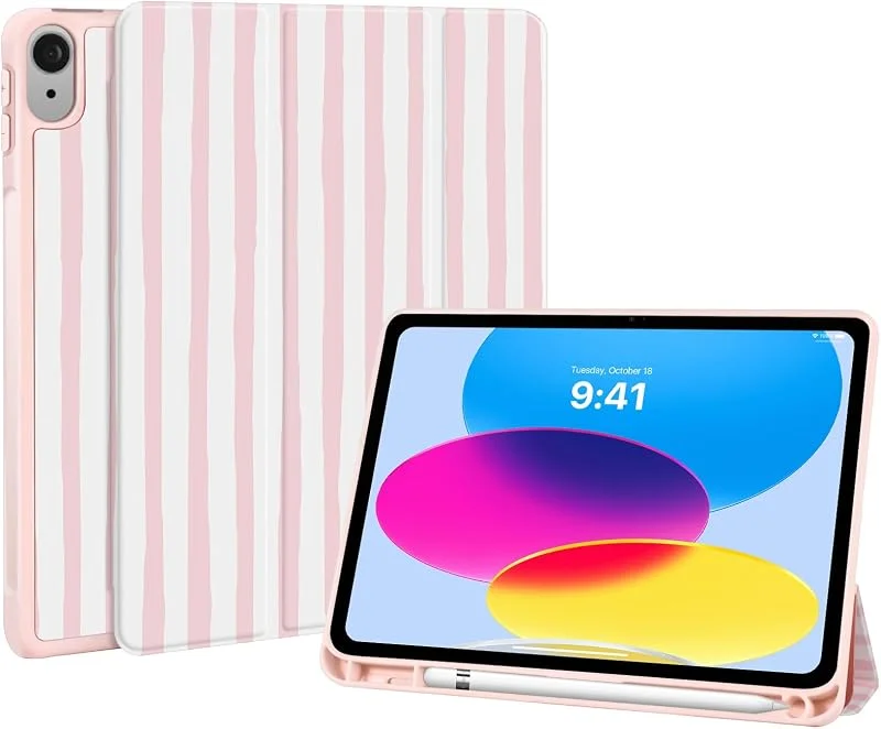 fodral för iPad 11. generationen (A16) 2025, iPad 10. generationen 2022, iPad 11 tum fodral med pennhållare, söt rosa-vit randigt mönster, skyddsfodral med trefaldigt stativ, rosa estetisk — Mobil och surfplatta