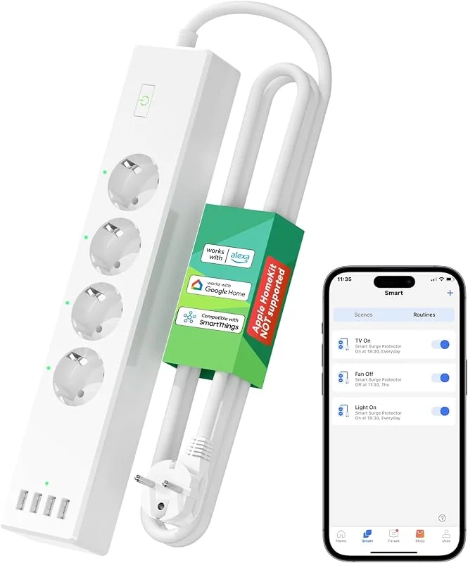 WLAN Power Strip Meross överspänningsskyddat 4-vägs Smart väggfäste med Flera Uttag och 4 USB, Kompatibelt med HomeKit, Alexa och Google Home med Timer, Röststyrning och Fjärrkontroll — Smarta hem
