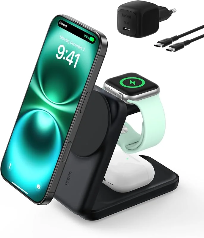 Belkin Trådlös Laddare 25 W, MagSafe-kompatibel 3 i-1 Qi2 Laddningsstation, Trådlös Laddning iPhone 16, Apple Watch, AirPods, Konvertibel Magnetisk Snabbladdare med 45 W adapter - Svart — Mobil och surfplatta