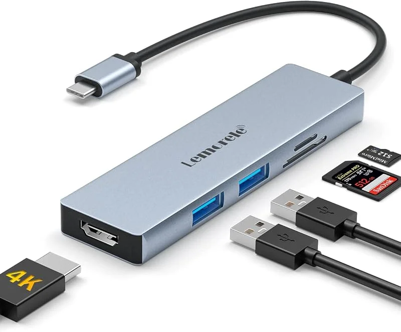 Lemorele USB C-hubb, USB C-dockningsstation, 5-i-1 multiport USB C-adapter med 4K HDMI, 2 USB 2.0, SD, TF-spelare för ångdäck, switch, MacBook Pro, Air, ChromeBook, Typ-C Tablet PC etc — Laddning och kablar