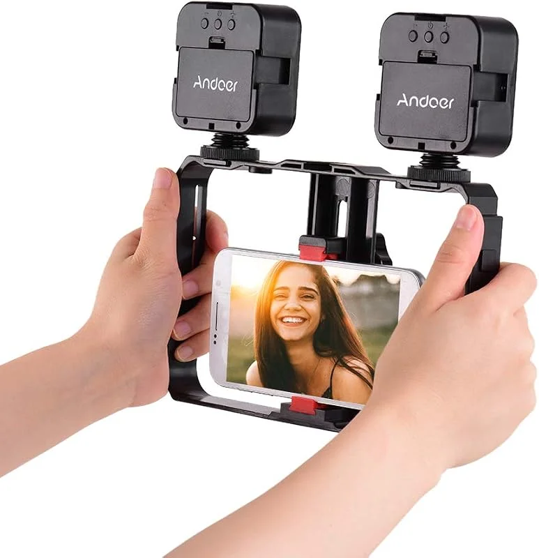 Andoer Smartphone videorigg med 2 st LED-videolampa, telefonfilmning, telefonvideo, stabilisator, greppstativ, montering för videomaker — Mobil och surfplatta