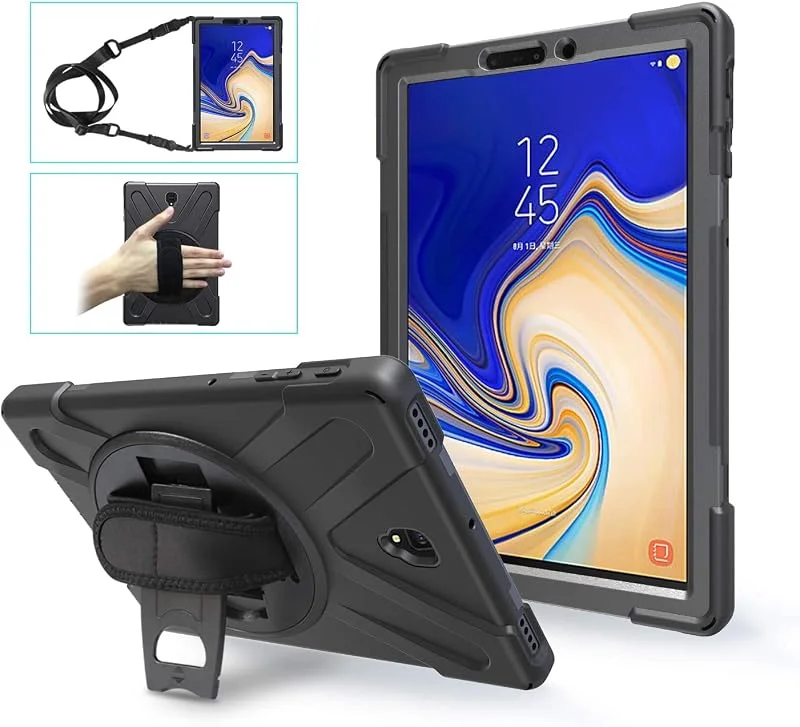Gerutek Fodral för Samsung Galaxy Tab S4 10, 5 tum 2018, SM-T830, T835, T837, stötsäkert telefonfodral, med 360° roterande stativ och axelrem för Galaxy Tab S4, svart — Mobil och surfplatta