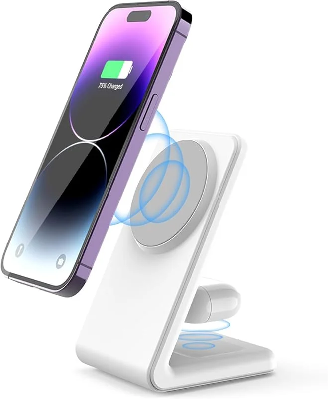 Magnetisk trådlös laddare 2-i-1 – YMY 15 W Qi trådlös laddningsstation, designad för MagSafe-laddningsstativ kompatibelt med iP-hone 15, 14, 13, 12, 11 Pro Max, XS, XR, X, 8 Airpods Pro 3, 2 (vit) — Mobil och surfplatta