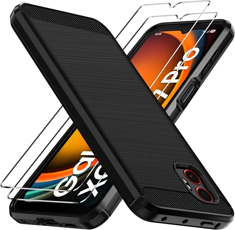 ivoler-skal till Samsung Galaxy Xcover 7 Pro med 2-pack skärmskydd i armerat glas, militärt stötsäkert telefonskal, smalt mjukt TPU-silikon reptåligt skyddsskal mot fingeravtryck, svart — Mobil och surfplatta