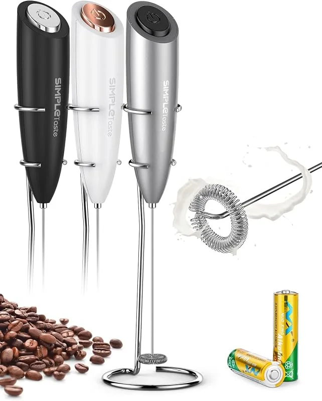 SimpleTaste Bärbar elektrisk mjölkskummare med 2 batterier och stativ i rostfritt stål, manuell mjölkskummare med kraftfull elmotor, silver — Kök & Hushåll
