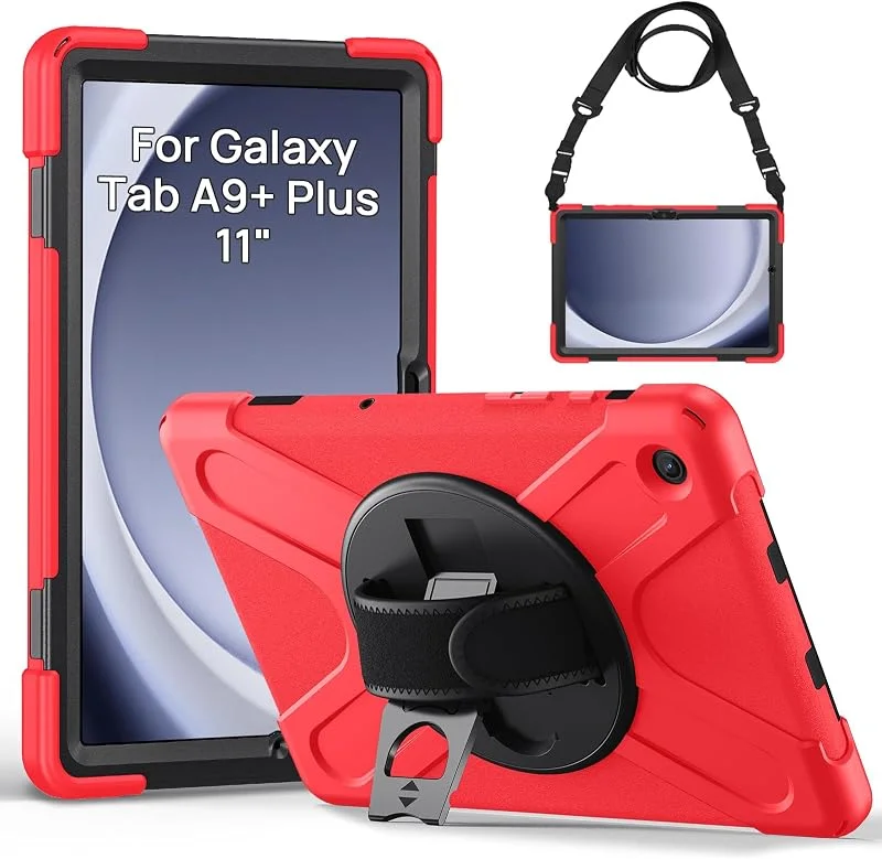 Gerutek för Samsung Tab A9 Plus stöttåligt fodral slitstark stark Tab A9 plus fodral med 360° roterande stativ, hand och axelrem stötfångare skyddsfodral för Samsung Galaxy Tablet A9 Plus 2023, röd — Mobil och surfplatta
