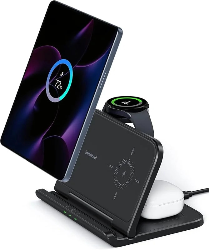 Trådlös Laddare för Samsung Z Fold 7, 6, 5, Pixel 9 Pro Fold, Hopfällbar Trådlös Laddningsstation 3-i-1 för Samsung Z Fold, Galaxy Watch 8, 8 Classic, Ultra och Galaxy Buds, SwanScout 705S (utan adapter) — Mobil och surfplatta