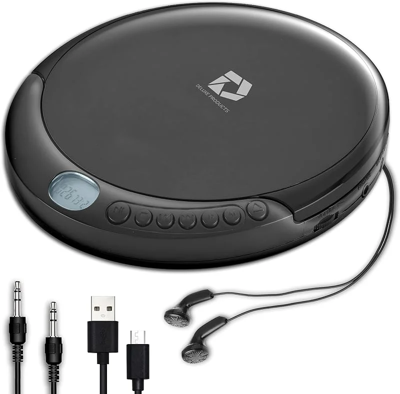 Deluxe Products Bärbar CD-spelare med 60 andra anti-hopp, stereoöronknoppar, ingår i kabel och AC USB-strömkabel för användning hemma eller i bilen — Portabel digital och ljud