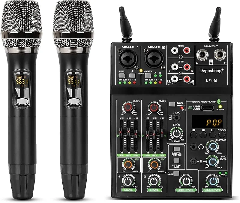 Depusheng UF4-M ljudmixerbord - professionell bärbar Bluetooth 4-kanals digital DJ-mixer med trådlös mikrofon — Portabel digital och ljud