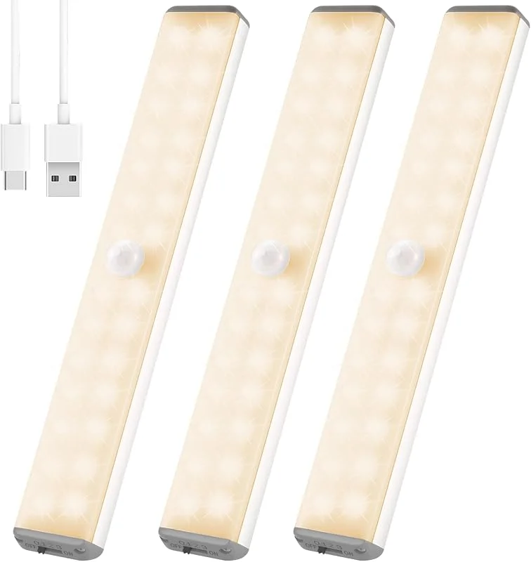 VCY Rörelsesensor Skåpljus [3-pack] - Magnetiskt & Uppladdningsbart Köksljus med USB, 28 LED Automatisk Nattlampa i Warmvit för Kök, Garderob, WC, Trappor (Inomhus) — Smart belysning