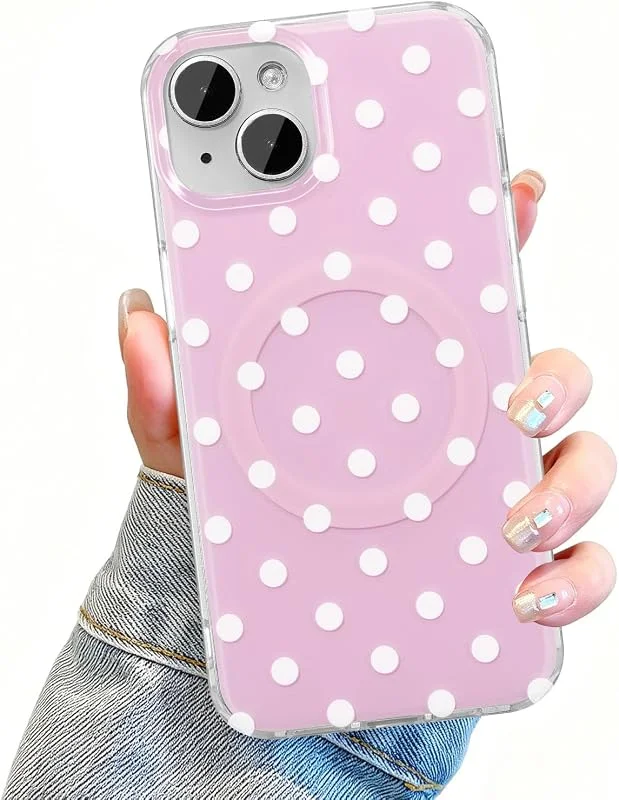 UEEBAI polkaprickigt magnetiskt fodral för iPhone 14 Plus, 15 Plus, gulligt prickigt telefonfodral för estetikskydd, kompatibelt med MagSafe, mjukt, smalt telefonskydd för kvinnor, flickor – rosa — Mobil och surfplatta