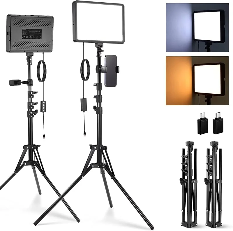 NEEWER Basics LED-videobelysning [2 st] med 59'' stativ och mobilhållare, 2700-6500K, dimbar plaststudiobelysning på 850Lux för foto, filmning, inspelning och livestreaming, utan adapter, BP300 — Mobil och surfplatta