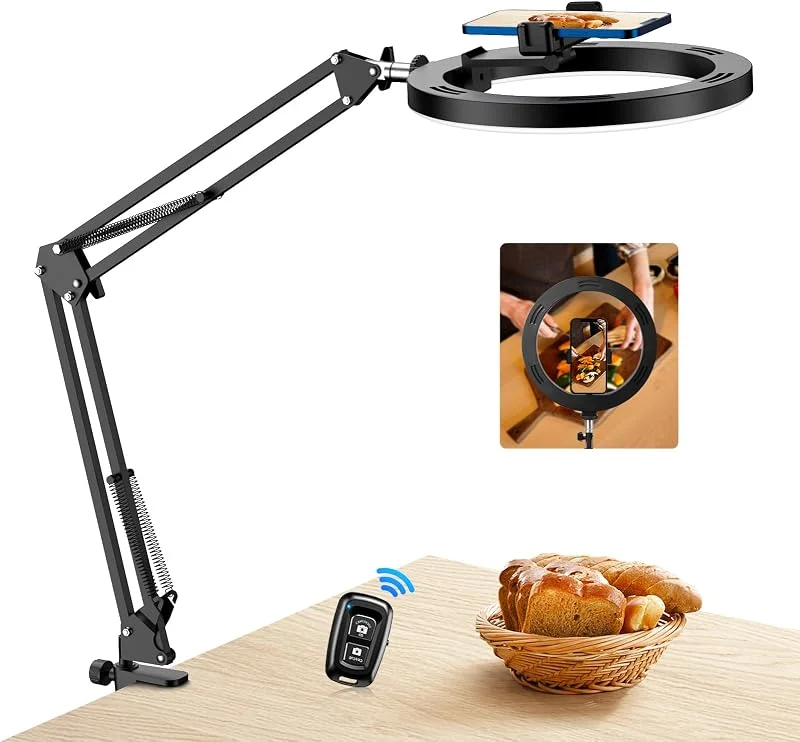 Evershop Ring Light 10 tum med flexibel arm och fjärrkontroll - skrivbordsbelysningsring med telefonhållare för kök, streaming, smink, tikTok, Youtube, 3 lägen och 10 nivåer — Mobil och surfplatta