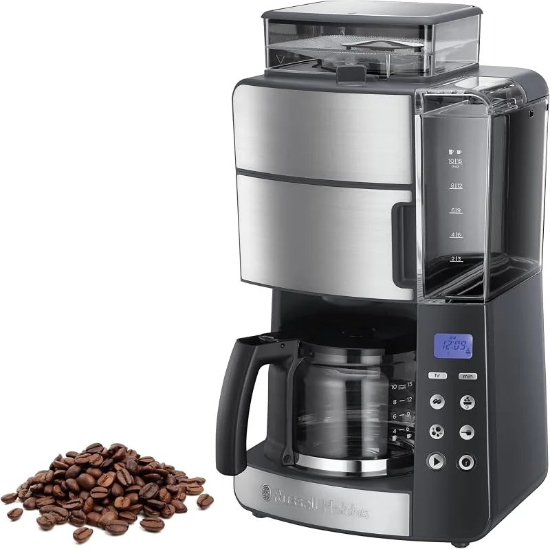 Russell Hobbs kaffebryggare, upp till 10 koppar, glaskanna, justerbar kvarn med 3 lägen, 2400W, rostfritt stål, Grind and Brew 25610-56 — Kök & Hushåll