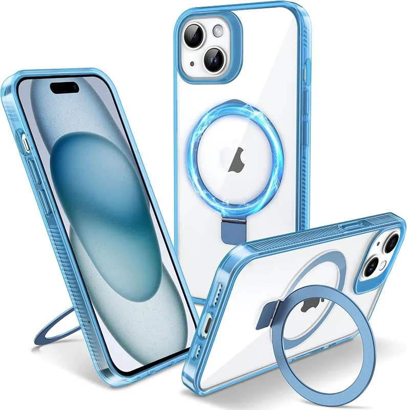 Magnetiskt skal för iPhone 15 – inbyggt osynligt stativ, kompatibelt med MagSafe, militärklassat stötskydd, hård baksida med silikonkanter, gulnar inte, 6, 1 tum, genomskinlig blå — Mobil och surfplatta